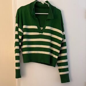 Cider Striped Green and White V-Neck Sweater